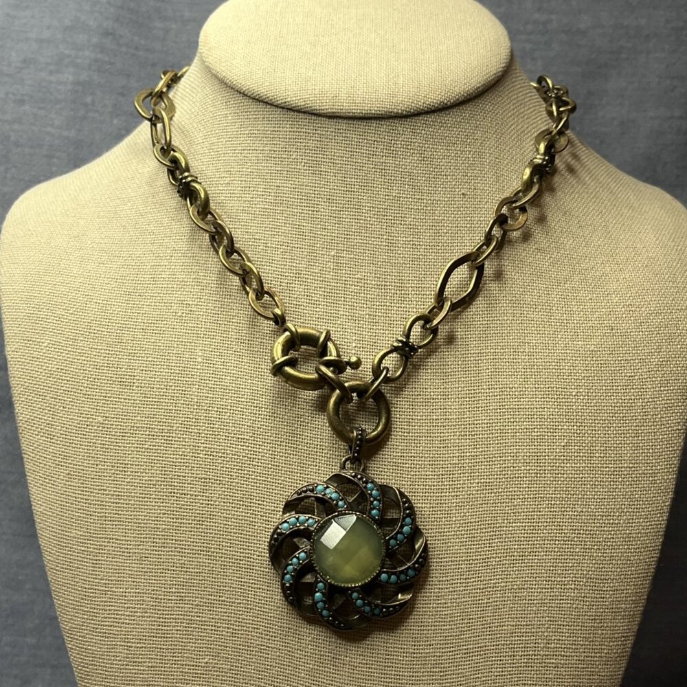 Rare Lucky Brand Antiques Brass Carved Gen Stone Necklace Pendant BOHO EUC